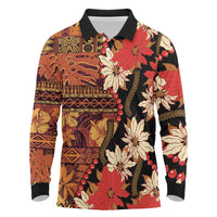 Hawaii Christmas Poinsettia Lei Long Sleeve Polo Shirt Tapa Pattern - Polynesian Pride