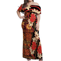 Hawaii Christmas Poinsettia Lei Off Shoulder Maxi Dress Tapa Pattern - Polynesian Pride