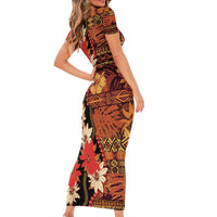 Hawaii Christmas Poinsettia Lei Short Sleeve Bodycon Dress Tapa Pattern - Polynesian Pride