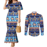 Hawaii Turtles Pattern Special Blue Couples Matching Mermaid Dress and Long Sleeve Button Shirt - Polynesian Pride