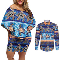 Hawaii Turtles Pattern Special Blue Couples Matching Off Shoulder Short Dress and Long Sleeve Button Shirt - Polynesian Pride