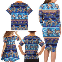 Hawaii Turtles Pattern Special Blue Family Matching Long Sleeve Bodycon Dress and Hawaiian Shirt - Polynesian Pride