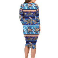 Hawaii Turtles Pattern Special Blue Family Matching Long Sleeve Bodycon Dress and Hawaiian Shirt - Polynesian Pride