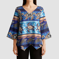 Hawaii Turtles Pattern Special Blue Kimono Sleeve Blouse - Polynesian Pride