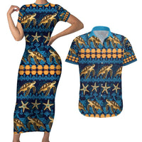 Hawaii Turtles Starfish Unique Pattern Couples Matching Short Sleeve Bodycon Dress and Hawaiian Shirt - Polynesian Pride