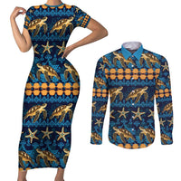Hawaii Turtles Starfish Unique Pattern Couples Matching Short Sleeve Bodycon Dress and Long Sleeve Button Shirt - Polynesian Pride