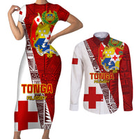 Custom Tonga Rugby Couples Matching Short Sleeve Bodycon Dress and Long Sleeve Button Shirts Tongan Go 2023 World Cup LT01 Red - Polynesian Pride