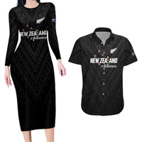 Custom Football New Zealand Couples Matching Long Sleeve Bodycon Dress and Hawaiian Shirt Aotearoa United Black Version - Polynesian Pride