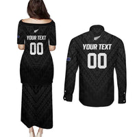 Custom Football New Zealand Couples Matching Puletasi and Long Sleeve Button Shirt Aotearoa United Black Version - Polynesian Pride