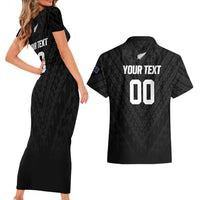 Custom Football New Zealand Couples Matching Short Sleeve Bodycon Dress and Hawaiian Shirt Aotearoa United Black Version - Polynesian Pride