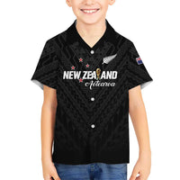 Custom Football New Zealand Family Matching Long Sleeve Bodycon Dress and Hawaiian Shirt Aotearoa United Black Version - Polynesian Pride