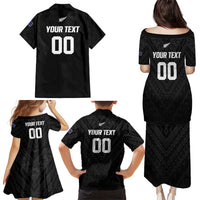 Custom Football New Zealand Family Matching Puletasi and Hawaiian Shirt Aotearoa United Black Version - Polynesian Pride