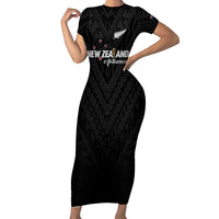 Custom Football New Zealand Family Matching Short Sleeve Bodycon Dress and Hawaiian Shirt Aotearoa United Black Version - Polynesian Pride