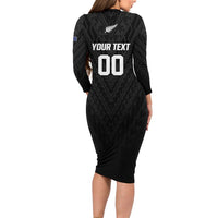 Custom Football New Zealand Long Sleeve Bodycon Dress Aotearoa United Black Version - Polynesian Pride