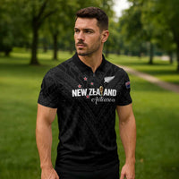 Custom Football New Zealand Zipper Polo Shirt Aotearoa United Black Version - Polynesian Pride