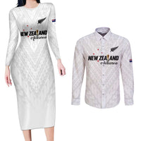 Custom Football New Zealand Couples Matching Long Sleeve Bodycon Dress and Long Sleeve Button Shirt Aotearoa United White Version - Polynesian Pride