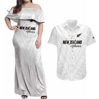 Custom Football New Zealand Couples Matching Off Shoulder Maxi Dress and Hawaiian Shirt Aotearoa United White Version - Polynesian Pride