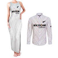 Custom Football New Zealand Couples Matching Tank Maxi Dress and Long Sleeve Button Shirt Aotearoa United White Version - Polynesian Pride