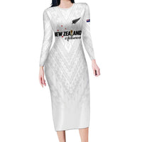 Custom Football New Zealand Family Matching Long Sleeve Bodycon Dress and Hawaiian Shirt Aotearoa United White Version - Polynesian Pride