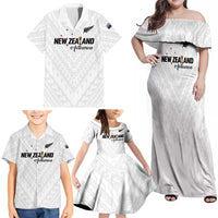 Custom Football New Zealand Family Matching Off Shoulder Maxi Dress and Hawaiian Shirt Aotearoa United White Version - Polynesian Pride