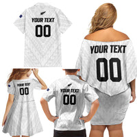 Custom Football New Zealand Family Matching Off Shoulder Short Dress and Hawaiian Shirt Aotearoa United White Version - Polynesian Pride