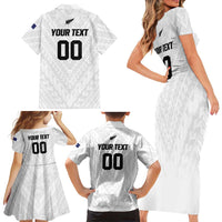Custom Football New Zealand Family Matching Short Sleeve Bodycon Dress and Hawaiian Shirt Aotearoa United White Version - Polynesian Pride