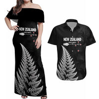 Personalised New Zealand 2025 Archery Couples Matching Off Shoulder Maxi Dress and Hawaiian Shirt Aotearoa Silver Arrows Black