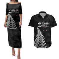 Personalised New Zealand 2025 Archery Couples Matching Puletasi and Hawaiian Shirt Aotearoa Silver Arrows Black