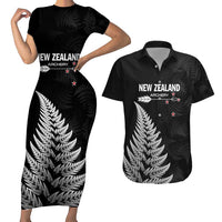 Personalised New Zealand 2025 Archery Couples Matching Short Sleeve Bodycon Dress and Hawaiian Shirt Aotearoa Silver Arrows Black