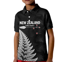 Personalised New Zealand 2025 Archery Kid Polo Shirt Aotearoa Silver Arrows Black