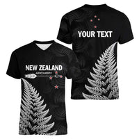 Personalised New Zealand 2025 Archery Women V-Neck T-Shirt Aotearoa Silver Arrows Black