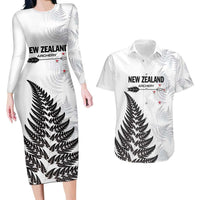Personalised New Zealand 2025 Archery Couples Matching Long Sleeve Bodycon Dress and Hawaiian Shirt Aotearoa Silver Arrows White