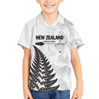 Personalised New Zealand 2025 Archery Family Matching Off The Shoulder Long Sleeve Dress and Hawaiian Shirt Aotearoa Silver Arrows White