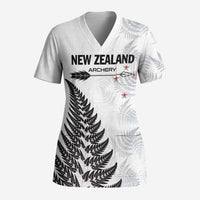 Personalised New Zealand 2025 Archery Scrub Top Aotearoa Silver Arrows White - Polynesian Pride