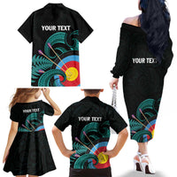 Personalised New Zealand Archery Family Matching Off The Shoulder Long Sleeve Dress and Hawaiian Shirt Turquoise Maori Silver Fern