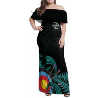 Personalised New Zealand Archery Family Matching Off Shoulder Maxi Dress and Hawaiian Shirt Turquoise Maori Silver Fern