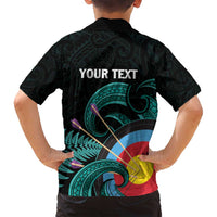 Personalised New Zealand Archery Family Matching Off Shoulder Short Dress and Hawaiian Shirt Turquoise Maori Silver Fern