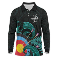 Personalised New Zealand Archery Long Sleeve Polo Shirt Turquoise Maori Silver Fern