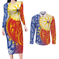 Philippines Couples Matching Long Sleeve Bodycon Dress and Long Sleeve Button Shirt Pilipinas Polynesian Pattern