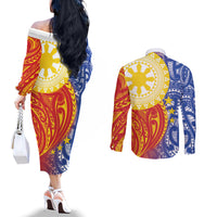 Philippines Couples Matching Off The Shoulder Long Sleeve Dress and Long Sleeve Button Shirt Pilipinas Polynesian Pattern