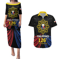 Personalized Philippines Independence Day Couples Matching Puletasi and Hawaiian Shirt Filipino 126th Anniversary Sun Tattoo LT01 Black - Polynesian Pride