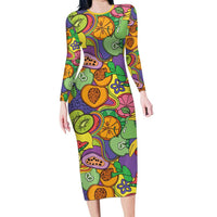 Hawaii Fruits Hippie Style Long Sleeve Bodycon Dress Vibrant Colorful LT01 Long Dress Multicolor - Polynesian Pride