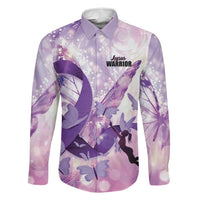 Personalized Polynesian Lupus Awareness Family Matching Puletasi and Hawaiian Shirt Butterfly Hologram Lupus Warrior LT01 Dad's Shirt - Long Sleeve Purple - Polynesian Pride