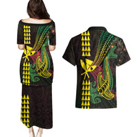 Hawaii Kakau Hammerhead Shark Couples Matching Puletasi and Hawaiian Shirt Neon Plumeria Pattern