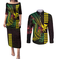 Hawaii Kakau Hammerhead Shark Couples Matching Puletasi and Long Sleeve Button Shirt Neon Plumeria Pattern LT01 Black - Polynesian Pride