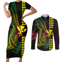 Hawaii Kakau Hammerhead Shark Couples Matching Short Sleeve Bodycon Dress and Long Sleeve Button Shirt Neon Plumeria Pattern