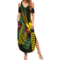 Hawaii Kakau Hammerhead Shark Family Matching Summer Maxi Dress and Hawaiian Shirt Neon Plumeria Pattern