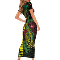 Hawaii Kakau Hammerhead Shark Short Sleeve Bodycon Dress Neon Plumeria Pattern LT01 - Polynesian Pride