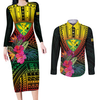 Hawaii Kanaka Maoli Flag Day Couples Matching Long Sleeve Bodycon Dress and Long Sleeve Button Shirt Tropical Flowers