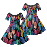 Hawaii Colorful Tropical Leaves Family Matching Short Sleeve Bodycon Dress and Hawaiian Shirt